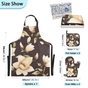 White Magnolia flowers With Leaves On Black Cooking Apron Heat Insulated Microwave Oven Mitts with Pot Holder Pad Kitchen Decor 5Pcs Set Oven Gloves Protectors Mat for Grilling Baking