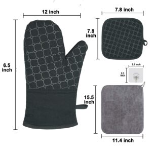 Extra Long Oven Mitts and Pot Holders Sets, 550°F High Heat Resistant Oven Mitts with Kitchen Towel and Hook, Non-Slip Silicone Thick Cotton Oven Gloves for Kitchen Cooking and Baking (9PCS) (Black)