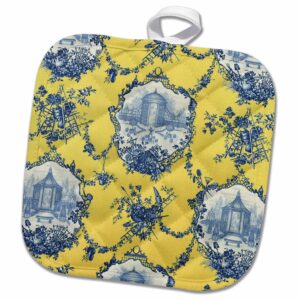 3d rose garden french yellow and blue. popular toile print. pot holder, 8 x 8