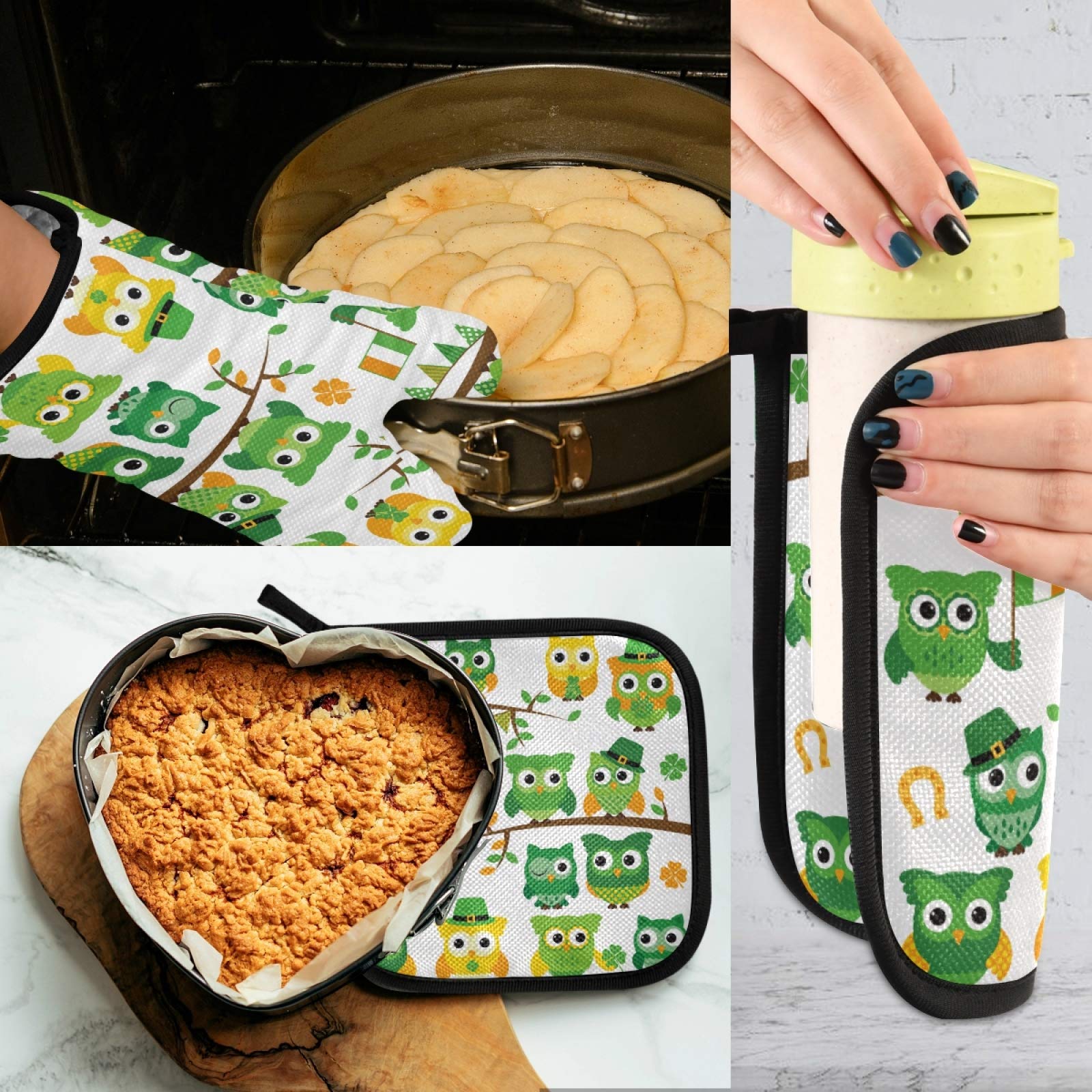 St Patrick Owls Oven Mitt and Hot Pads Set,Good Luck Cooking Heat Resistant Potholder Glove 2pcs for Kitchen Cooking BBQ Bakeware