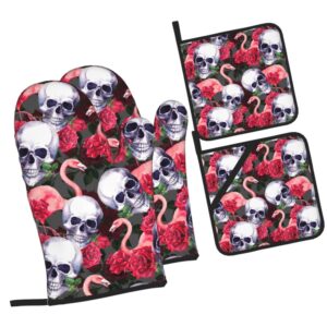 lakimct flamingo red rose skull oven mitts and pot holders sets non-slip potholders heat resistant oven gloves for kitchen baking cooking bbq, 4-piece set