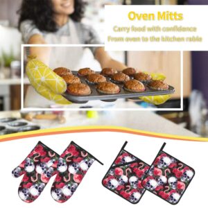 LAKIMCT Flamingo Red Rose Skull Oven Mitts and Pot Holders Sets Non-Slip Potholders Heat Resistant Oven Gloves for Kitchen Baking Cooking BBQ, 4-Piece Set