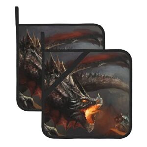 knight fighting dragon kitchen pot holders hot pad, potholders hot pads for kitchen,washable pot holder oven mitts,heat resistant hot pad kitchen decor accessories for cooking and baking（2 sets