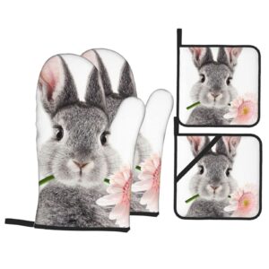 oven mitts and pot holders 4 pack cute rabbit heat-resistant oven glove with non-slip, oven mitts for bbq baking grilling kitchen home gift set
