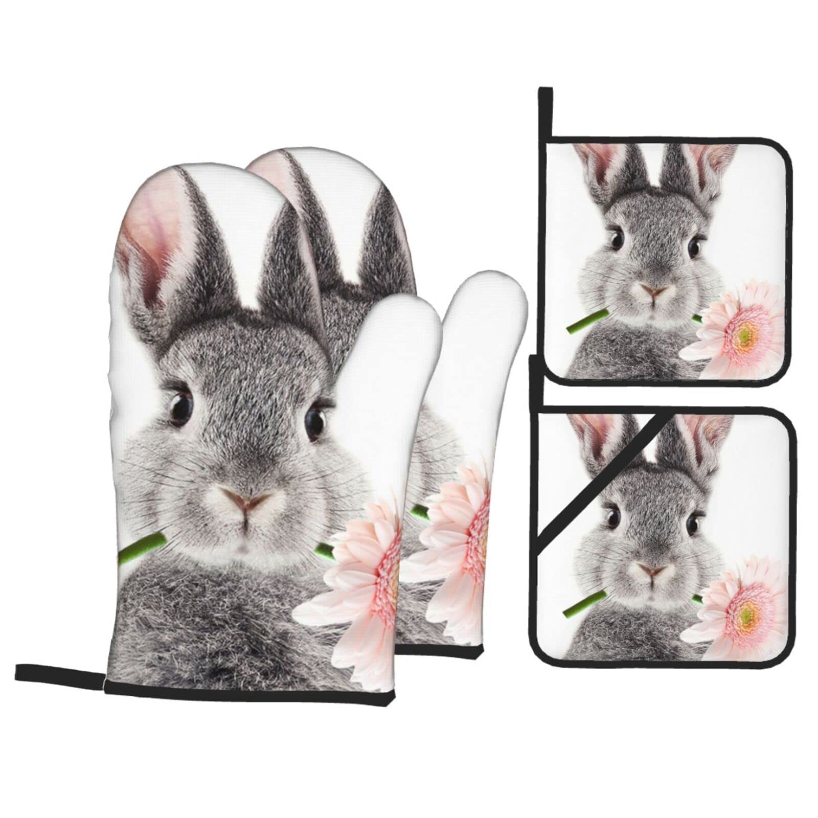 Oven Mitts and Pot Holders 4 Pack Cute Rabbit Heat-Resistant Oven Glove with Non-Slip, Oven Mitts for BBQ Baking Grilling Kitchen Home Gift Set