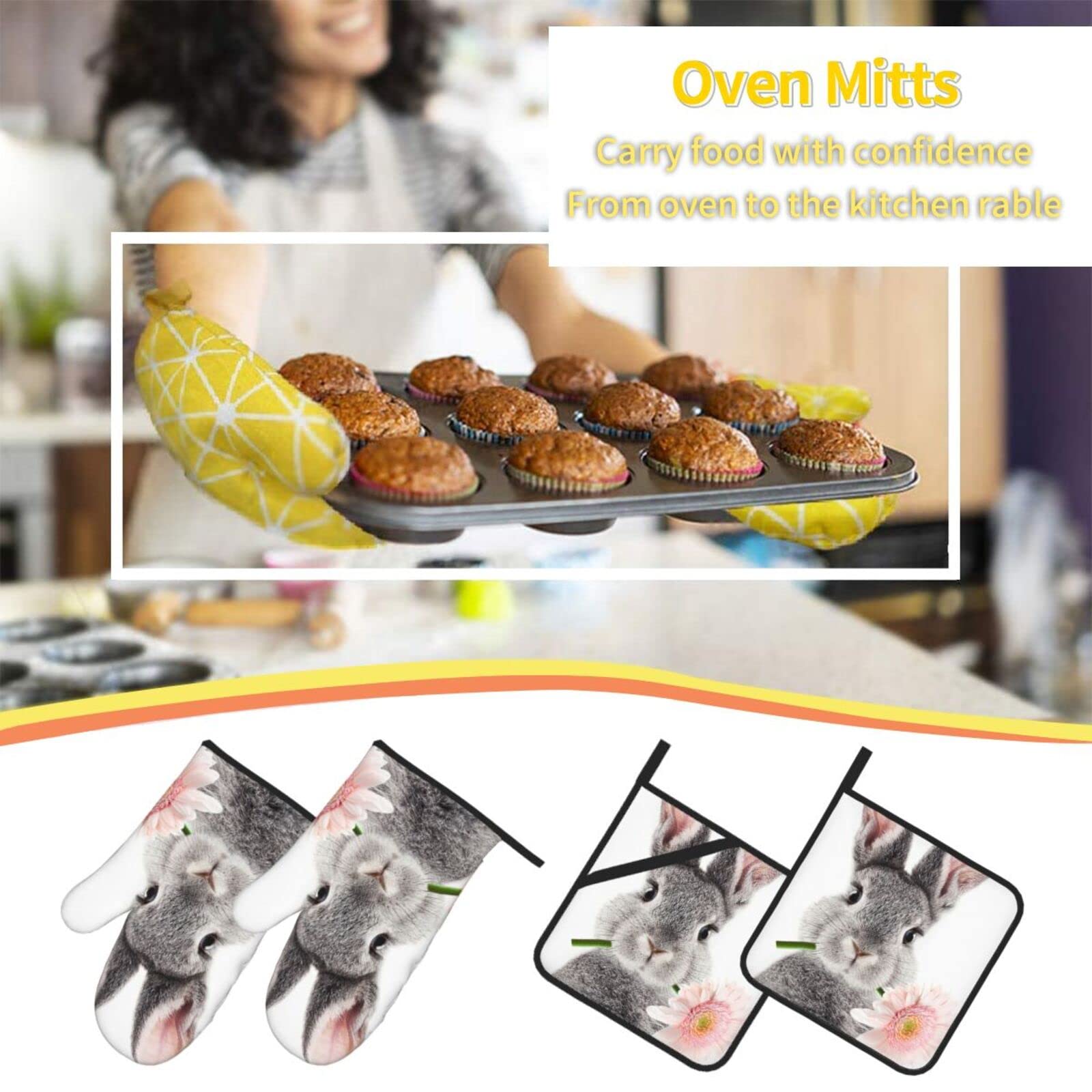 Oven Mitts and Pot Holders 4 Pack Cute Rabbit Heat-Resistant Oven Glove with Non-Slip, Oven Mitts for BBQ Baking Grilling Kitchen Home Gift Set