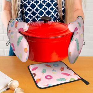 Many Colored Ice Cream Oven Mitts and Pot Holders Sets of 3 Washable Heat Resistant Hot Pads Non-Slip BBQ Gloves for Kitchen Cooking Baking Grilling