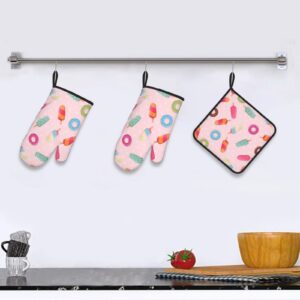 Many Colored Ice Cream Oven Mitts and Pot Holders Sets of 3 Washable Heat Resistant Hot Pads Non-Slip BBQ Gloves for Kitchen Cooking Baking Grilling