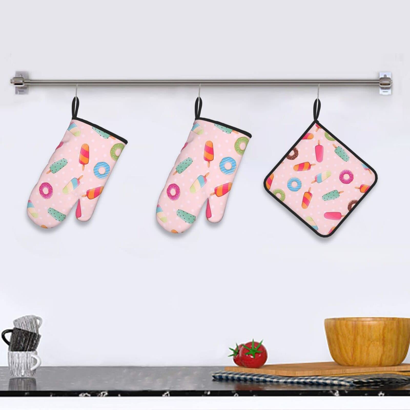 Many Colored Ice Cream Oven Mitts and Pot Holders Sets of 3 Washable Heat Resistant Hot Pads Non-Slip BBQ Gloves for Kitchen Cooking Baking Grilling