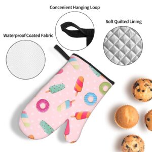 Many Colored Ice Cream Oven Mitts and Pot Holders Sets of 3 Washable Heat Resistant Hot Pads Non-Slip BBQ Gloves for Kitchen Cooking Baking Grilling