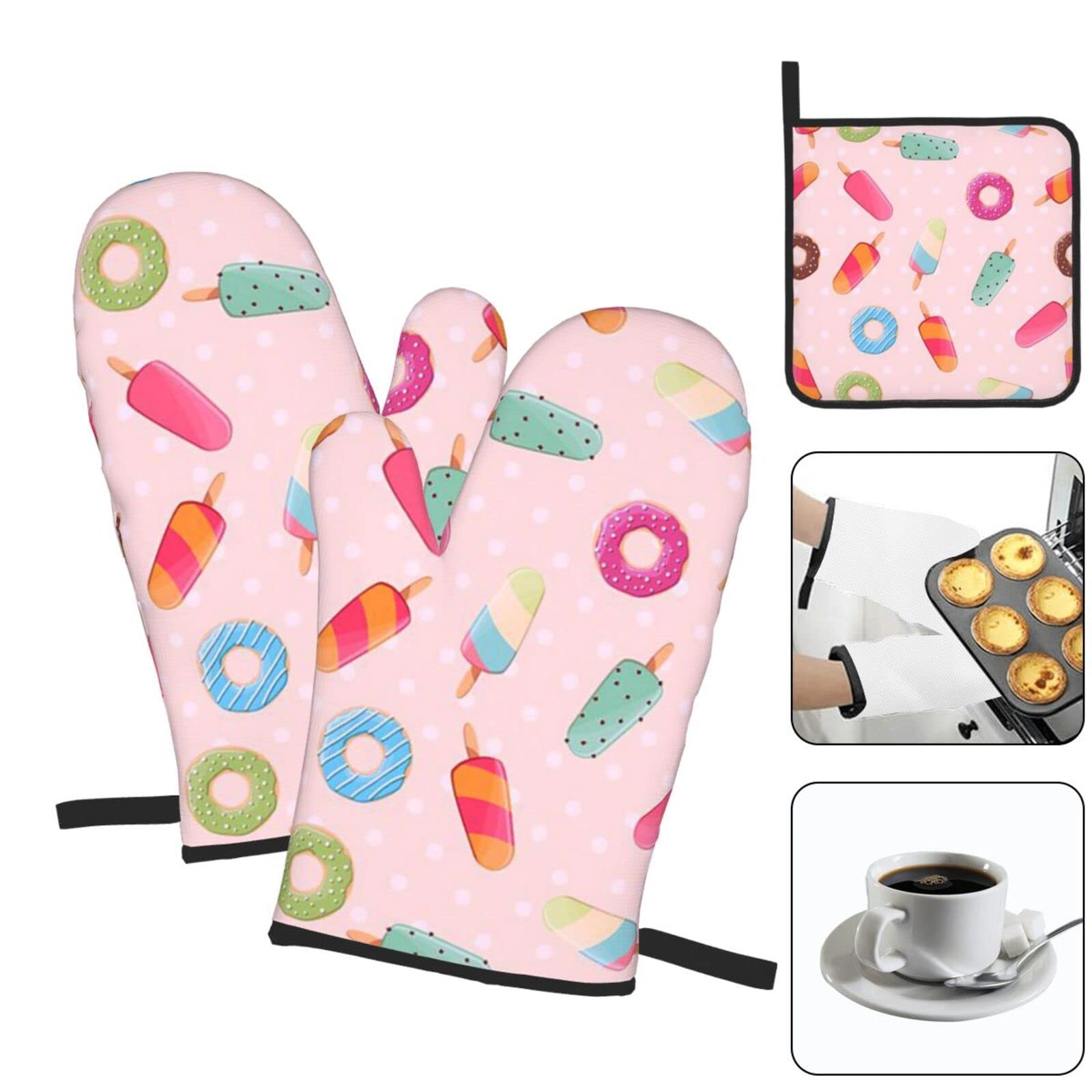 Many Colored Ice Cream Oven Mitts and Pot Holders Sets of 3 Washable Heat Resistant Hot Pads Non-Slip BBQ Gloves for Kitchen Cooking Baking Grilling