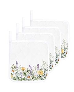 4pack pot holders cotton heat resistant oven hot pads, daisy lavender flowers potholder cloth potholders for daily kitchen baking and cooking with hanging loops - spring summer floral green leaves