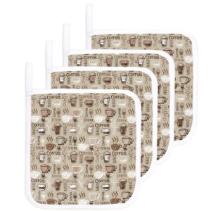 Coffee Theme Pot Holders for Kitchen Heat Insulation, Vintage Khaki Coffee Time Coffee Beans Potholders Hot Pads with Hanging Loop, Washable Oven Mitts Pot Holder Trivet for Cooking Baking 4 Pack