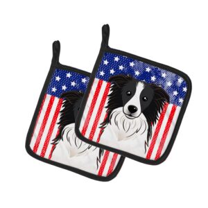 caroline's treasures bb2171pthd american flag and border collie pair of pot holders kitchen heat resistant pot holders sets oven hot pads for cooking baking bbq, 7 1/2 x 7 1/2