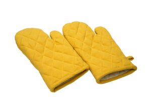 oven mitts, set of 2, 100% cotton of size 7 x 12 inches, premium heat resistant kitchen gloves, cotton fabric quilted, mustard, heat resistant for everyday kitchen cooking and baking.