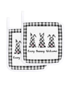 2 pack pot holders for kitchen,spring bunny black white buffalo lattice pink love easter heat proof potholder hot pads trivet,rabbit welcome quote washable coaster potholders for cooking baking