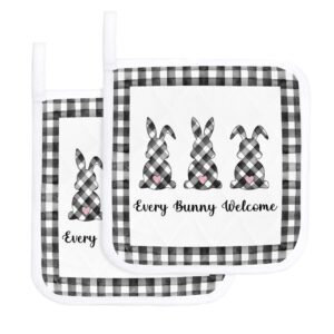 2 Pack Pot Holders for Kitchen,Spring Bunny Black White Buffalo Lattice Pink Love Easter Heat Proof Potholder Hot Pads Trivet,Rabbit Welcome Quote Washable Coaster Potholders for Cooking Baking