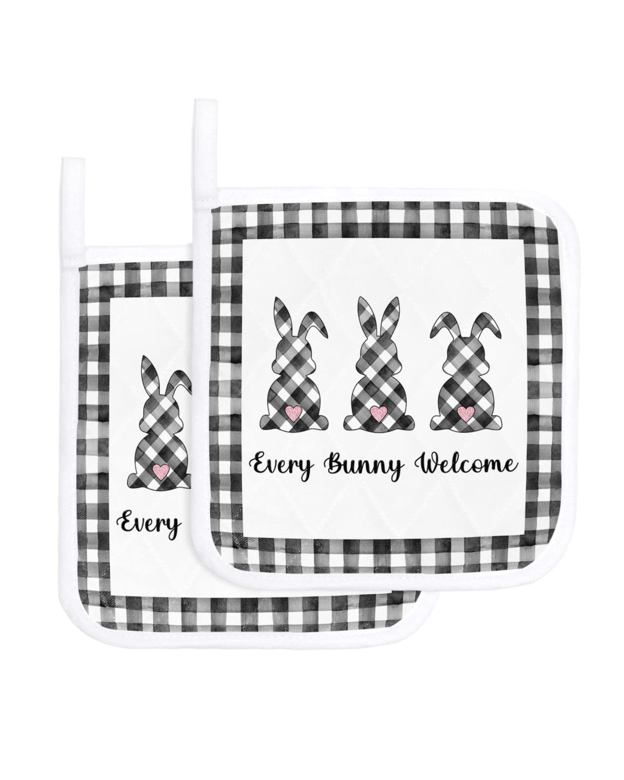 2 Pack Pot Holders for Kitchen,Spring Bunny Black White Buffalo Lattice Pink Love Easter Heat Proof Potholder Hot Pads Trivet,Rabbit Welcome Quote Washable Coaster Potholders for Cooking Baking