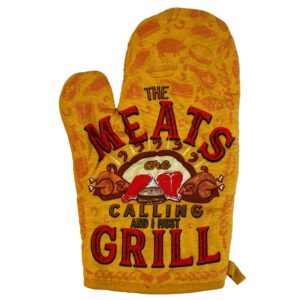 the meats are calling and i must grill oven mitt funny backyard bar-b-que bbq kitchen glove funny graphic kitchenwear funny food novelty cookware yellow oven mitt