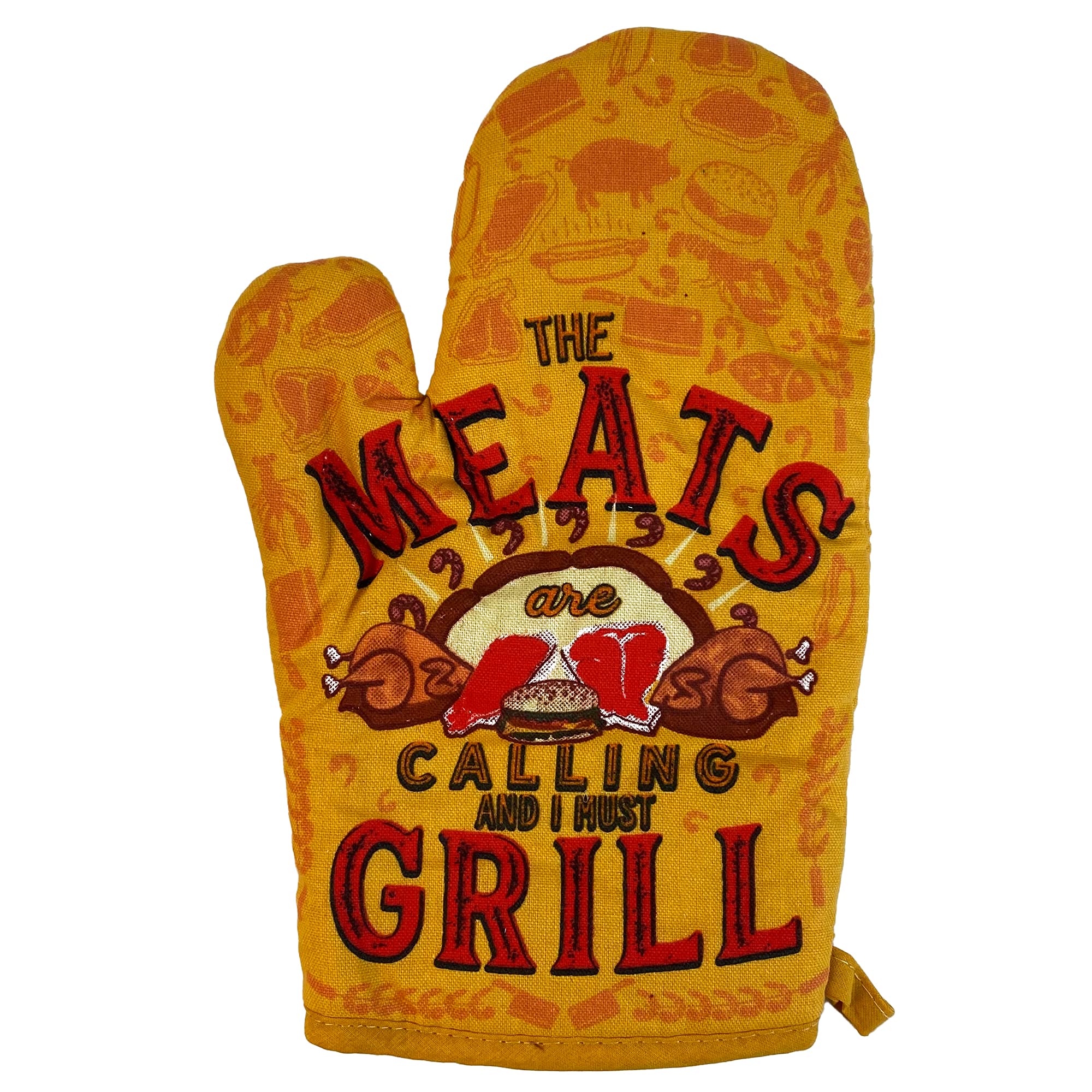 The Meats are Calling and I Must Grill Oven Mitt Funny Backyard Bar-B-Que BBQ Kitchen Glove Funny Graphic Kitchenwear Funny Food Novelty Cookware Yellow Oven Mitt