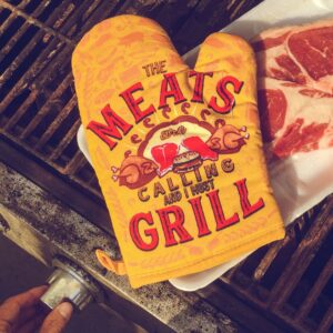 The Meats are Calling and I Must Grill Oven Mitt Funny Backyard Bar-B-Que BBQ Kitchen Glove Funny Graphic Kitchenwear Funny Food Novelty Cookware Yellow Oven Mitt