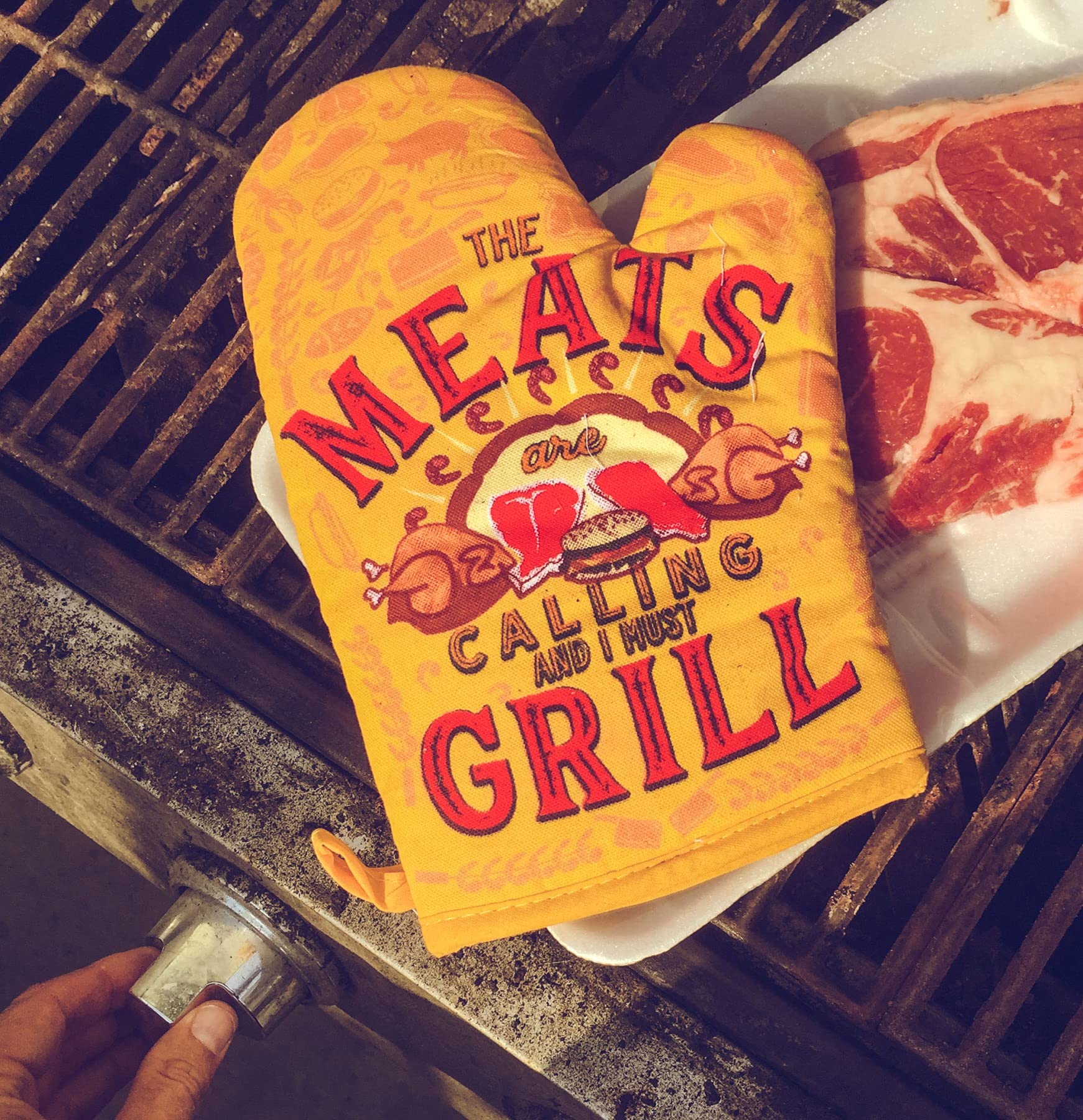 The Meats are Calling and I Must Grill Oven Mitt Funny Backyard Bar-B-Que BBQ Kitchen Glove Funny Graphic Kitchenwear Funny Food Novelty Cookware Yellow Oven Mitt