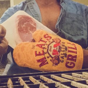 The Meats are Calling and I Must Grill Oven Mitt Funny Backyard Bar-B-Que BBQ Kitchen Glove Funny Graphic Kitchenwear Funny Food Novelty Cookware Yellow Oven Mitt