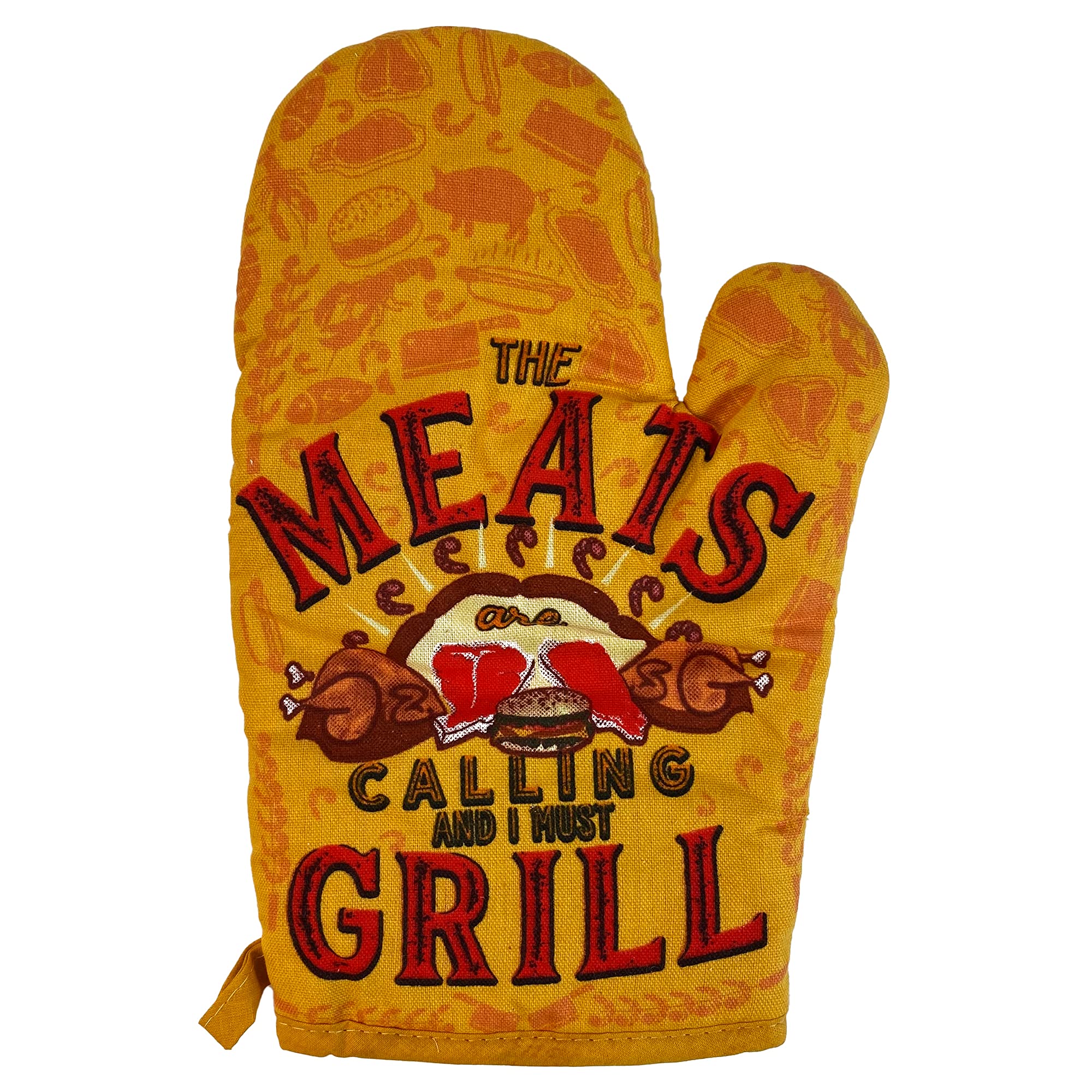 The Meats are Calling and I Must Grill Oven Mitt Funny Backyard Bar-B-Que BBQ Kitchen Glove Funny Graphic Kitchenwear Funny Food Novelty Cookware Yellow Oven Mitt