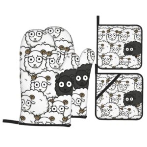 cartoon black white sheep printed oven mitt and pot holder set, washable heat resistant oven mitt for kitchen cooking baking grill