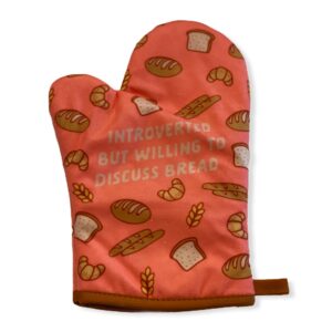 introverted but willing to discuss bread funny baking graphic novelty carbs kitchen glove funny graphic kitchenwear funny food novelty cookware orange oven mitt