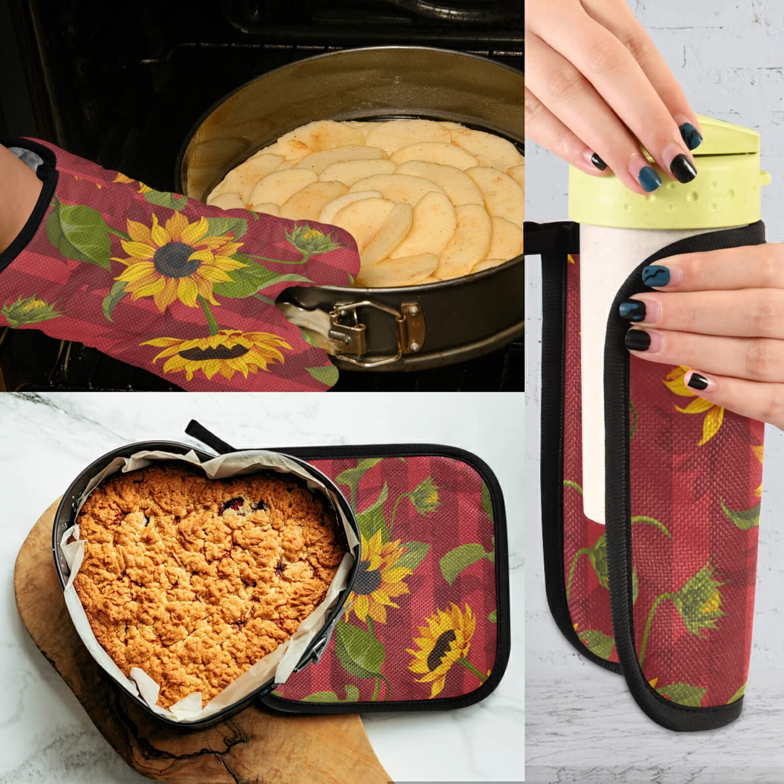 Fall Red Sunflower Oven Mitts and Pot Holders Autumn Thanksgiving Hot Pads & Heat Resistant Gloves Oven Mitten for Kitchen Cooking BBQ Baking Bakeware
