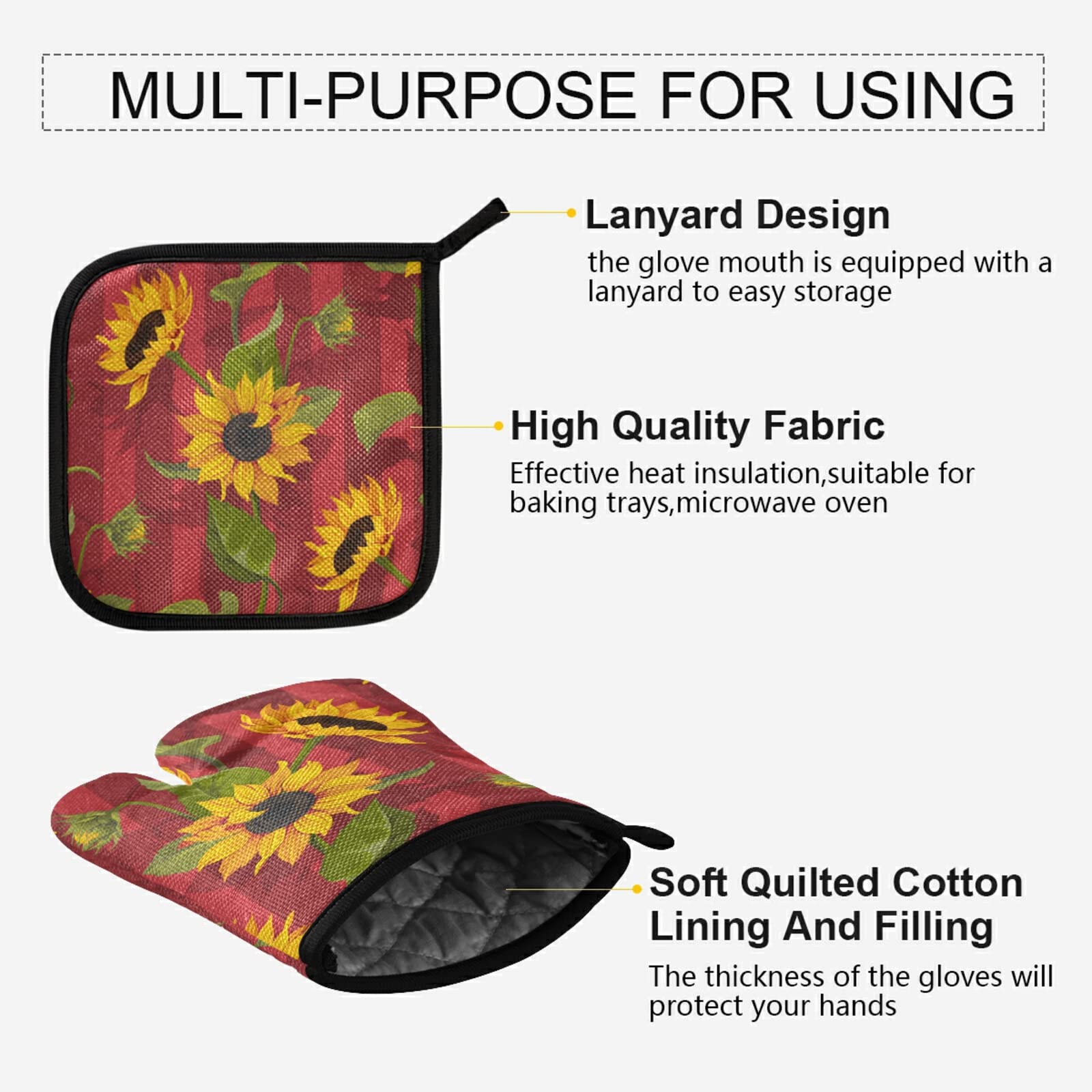 Fall Red Sunflower Oven Mitts and Pot Holders Autumn Thanksgiving Hot Pads & Heat Resistant Gloves Oven Mitten for Kitchen Cooking BBQ Baking Bakeware