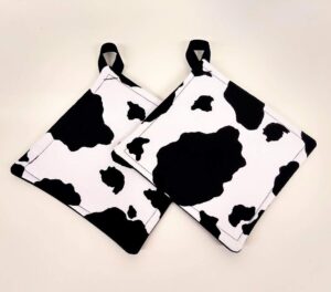 potholder set in a cow hide fabric print by sewuseful studios llc
