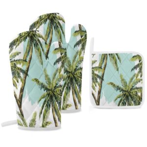 palm tree oven mitts and pot holders sets of 3,kitchen gift heat resistant non slip hot pads & oven mitts set for cooking bbq grilling baking