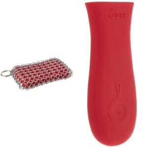 lodge acm10r41 scrubbing pad, one, red & silicone hot handle holder - red heat protecting silicone handle for cast iron skillets with keyhole handle