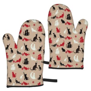 cat oven mitts set of 2 birthday gifts for cat lovers waterproof and non-slip shape printed kitchen women men cooking barbecue microwave (oven mitts cat, khaki mittens)
