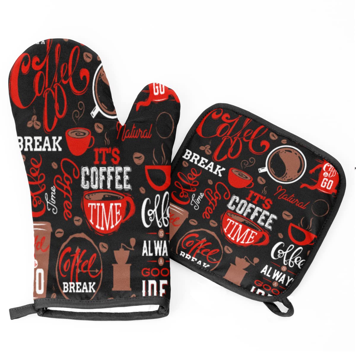 QsirBC Coffee Theme Oven Mitts Kitchen Oven Gloves for Cooking Baking Heat Resistant Lining Cotton Potholder Pot Holders Hot Pads for Chef Women Men