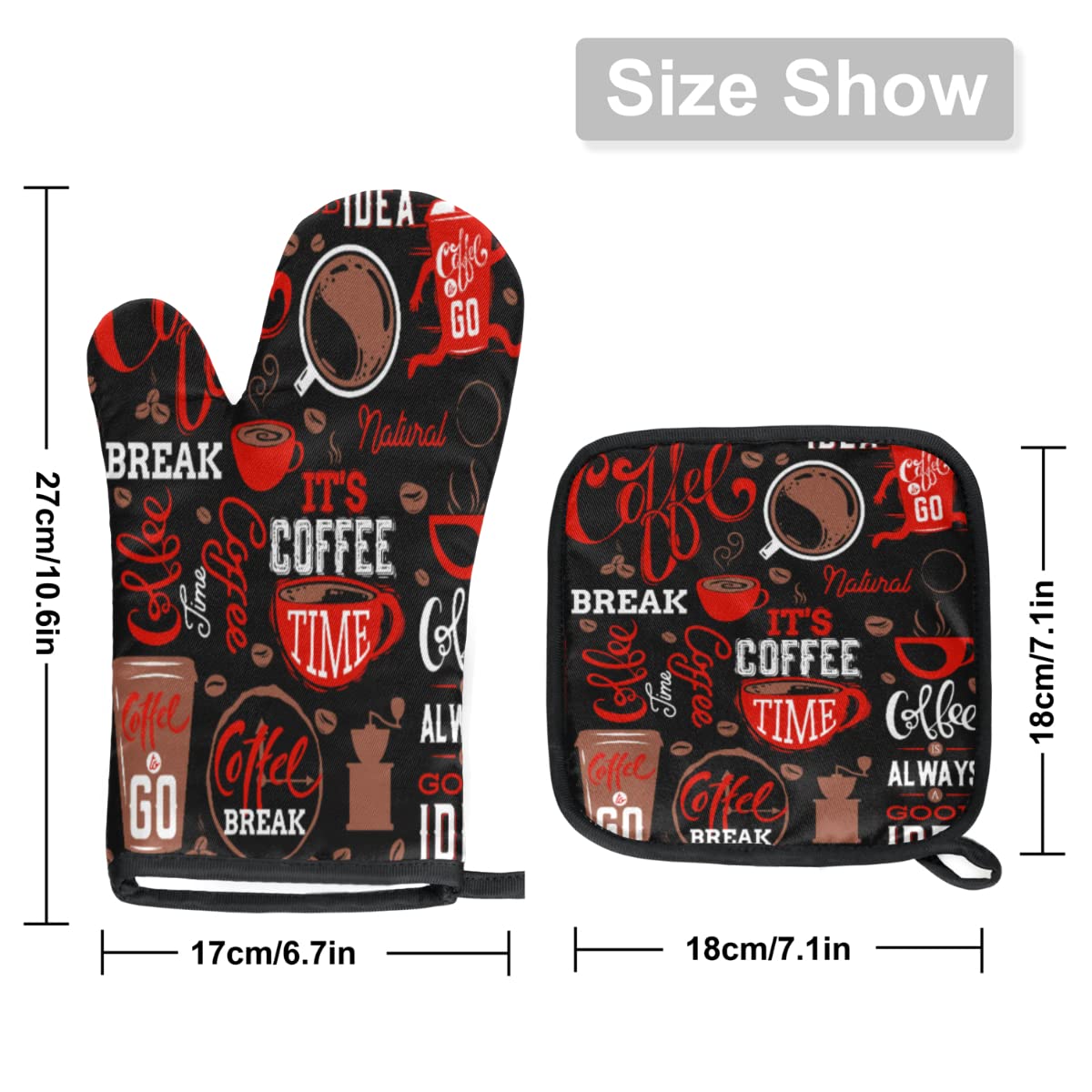 QsirBC Coffee Theme Oven Mitts Kitchen Oven Gloves for Cooking Baking Heat Resistant Lining Cotton Potholder Pot Holders Hot Pads for Chef Women Men