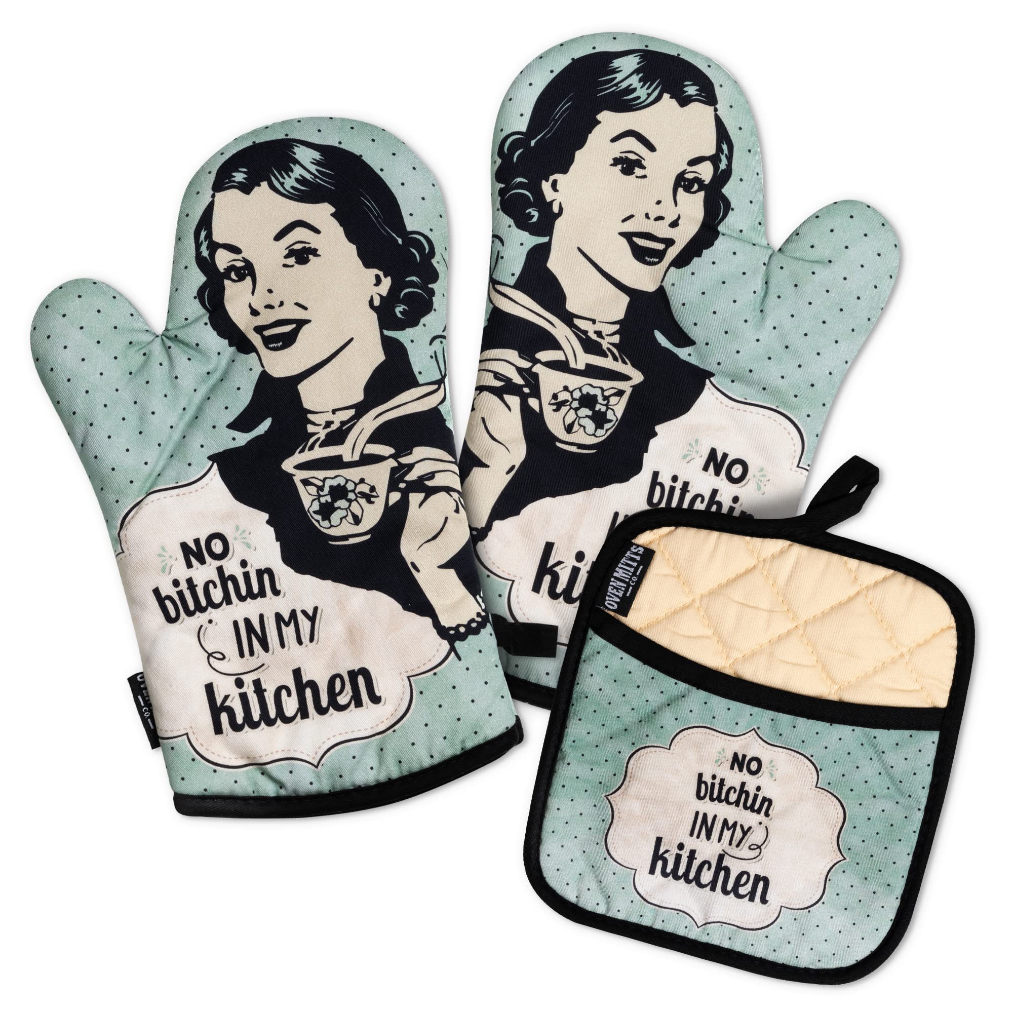 Oven Mitts Co. No Bitchin in My Kitchen - Funny Oven Mitts and Pot Holder 3pcs Set, Insulated, 100% Cotton