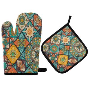 baofu bohemian style print oven mitts and pot holders sets heat resistant cotton lining gloves with soft non-slip surface for bbq cooking baking grilling 2pcs