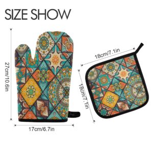 Baofu Bohemian Style Print Oven Mitts and Pot Holders Sets Heat Resistant Cotton Lining Gloves with Soft Non-Slip Surface for BBQ Cooking Baking Grilling 2PCS