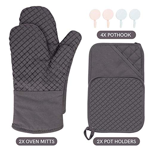 PROCIRCLE Oven Mitts and Pot Holders Set of 2 Kitchen Oven Mitts 500℉Heat Resistant Silicone Cotton Oven Mitts Non-Slip Surface for Cooking Baking BBQ with 4Pcs Free Pothook (Grey)