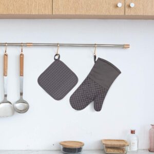 PROCIRCLE Oven Mitts and Pot Holders Set of 2 Kitchen Oven Mitts 500℉Heat Resistant Silicone Cotton Oven Mitts Non-Slip Surface for Cooking Baking BBQ with 4Pcs Free Pothook (Grey)