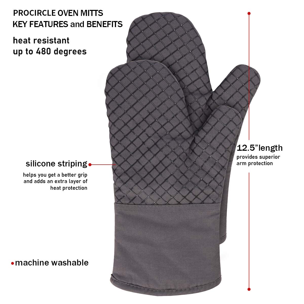 PROCIRCLE Oven Mitts and Pot Holders Set of 2 Kitchen Oven Mitts 500℉Heat Resistant Silicone Cotton Oven Mitts Non-Slip Surface for Cooking Baking BBQ with 4Pcs Free Pothook (Grey)