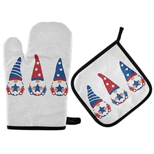 patriotic gnome oven mitts and pot holders 4th of july starts ?heat resistant oven mit glove pad 2pcs soft cotton lining non-slip safe for baking kitchen cooking bbq