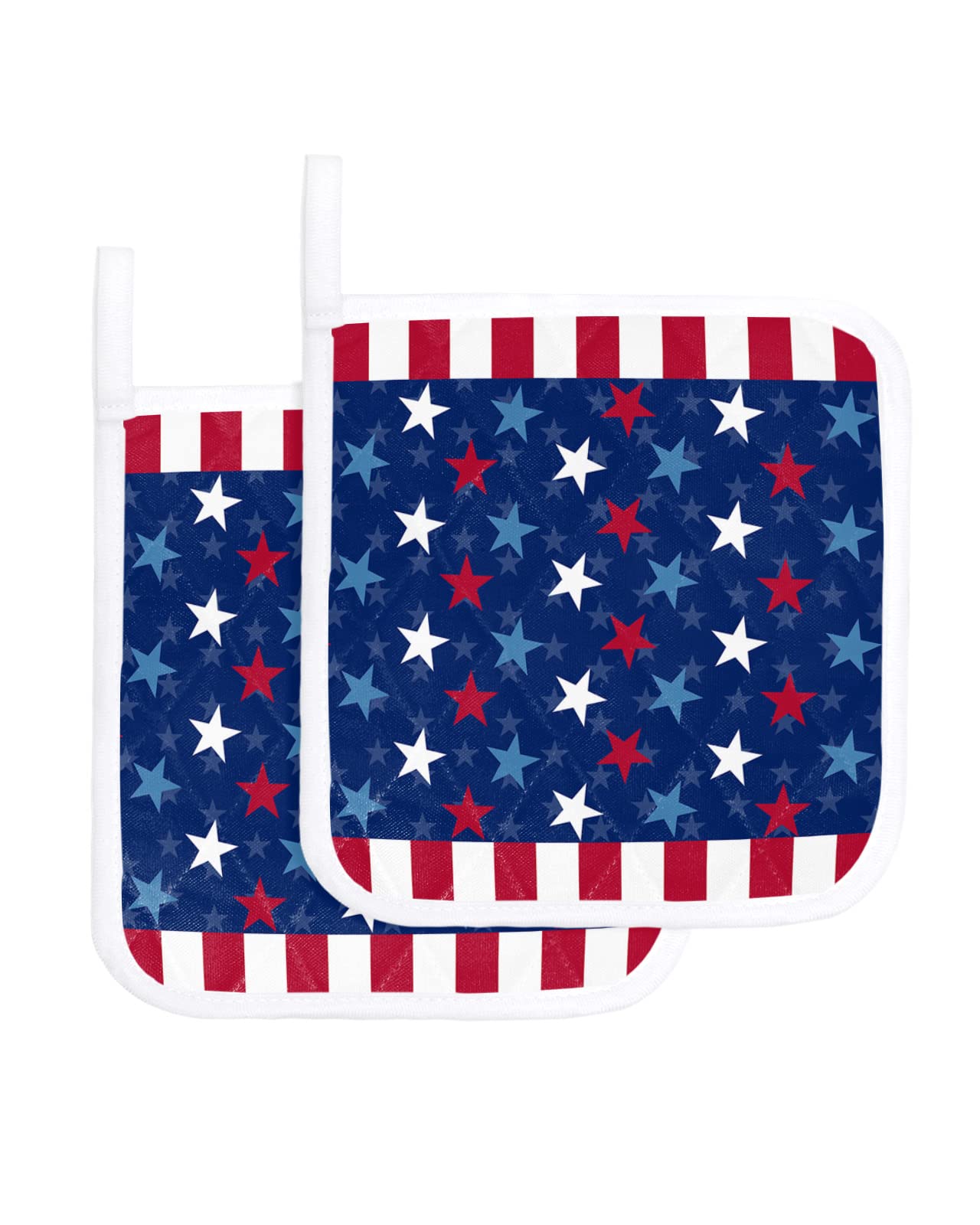 Memorial Day 2 Pack Pot Holders Heat Insulation Hot Pads, USA Patriotic Star Washable Oven Pot Holder Set for Kitchen Blue Red White Stars Potholders for Baking Cooking Dining Table