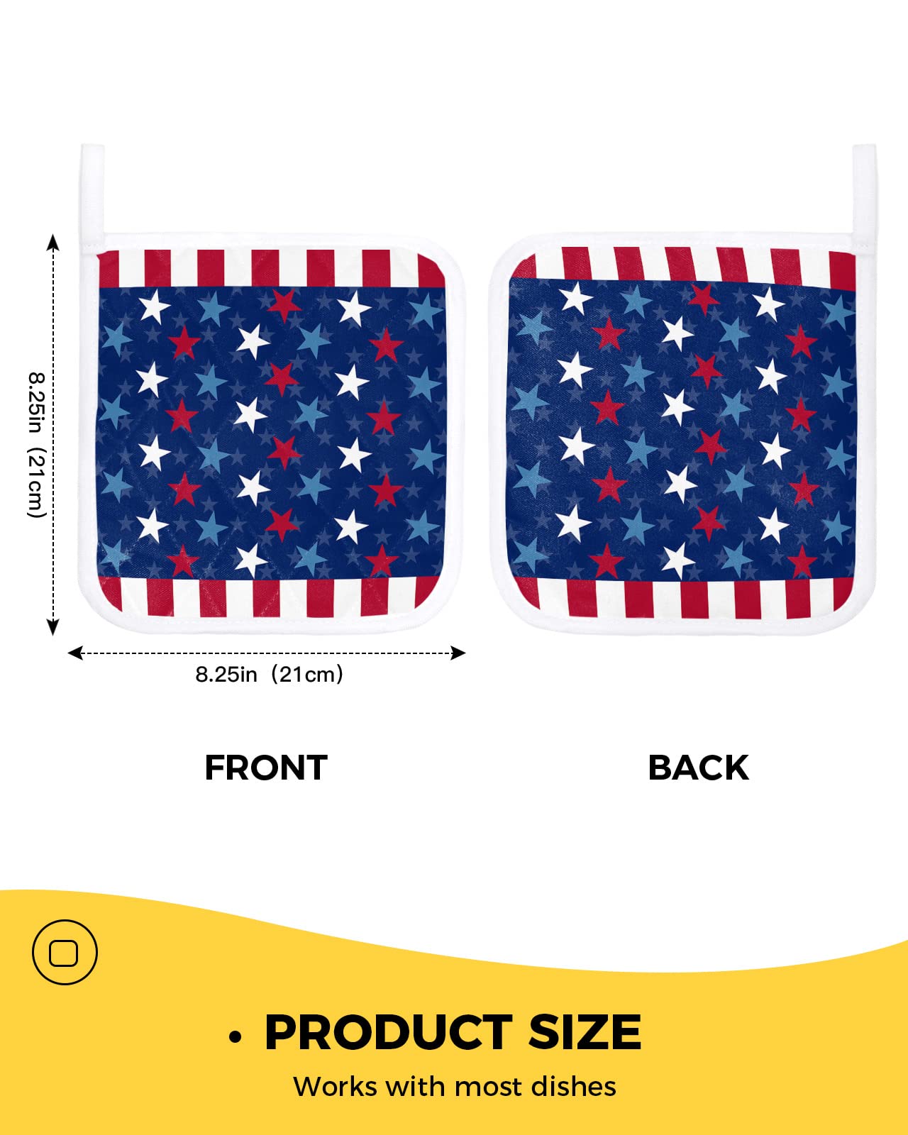 Memorial Day 2 Pack Pot Holders Heat Insulation Hot Pads, USA Patriotic Star Washable Oven Pot Holder Set for Kitchen Blue Red White Stars Potholders for Baking Cooking Dining Table