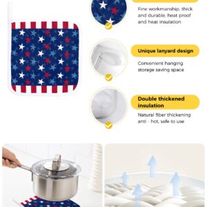 Memorial Day 2 Pack Pot Holders Heat Insulation Hot Pads, USA Patriotic Star Washable Oven Pot Holder Set for Kitchen Blue Red White Stars Potholders for Baking Cooking Dining Table