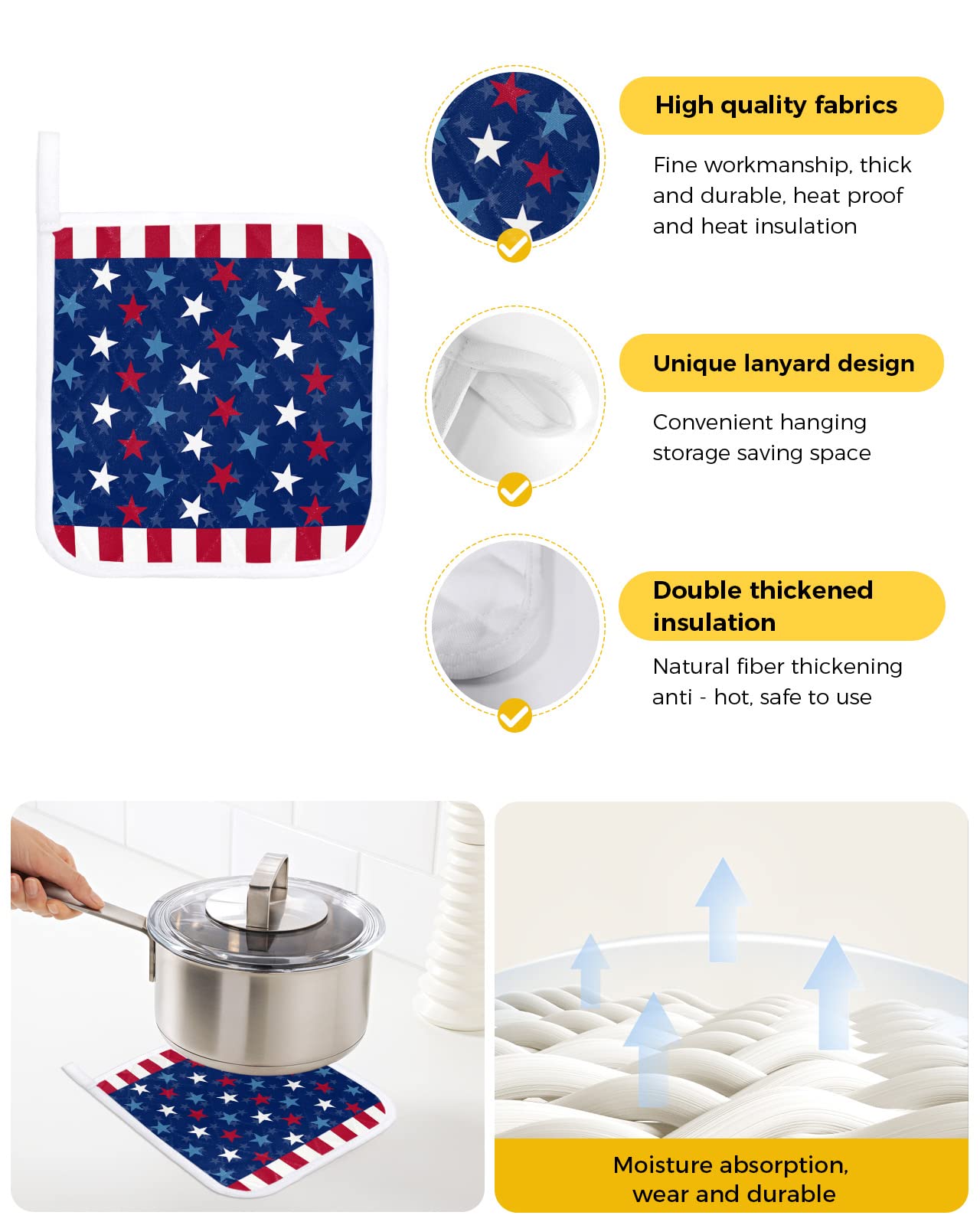 Memorial Day 2 Pack Pot Holders Heat Insulation Hot Pads, USA Patriotic Star Washable Oven Pot Holder Set for Kitchen Blue Red White Stars Potholders for Baking Cooking Dining Table