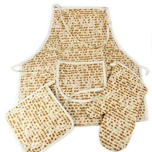 Israel Giftware Happy Passover Gifts for Passover Seder, 3 Piece Matzah Passover Pesach Dinner Hostess Gifts - Passover Decor - Potholder, Oven Mitt and Cooking Apron Set, Beige